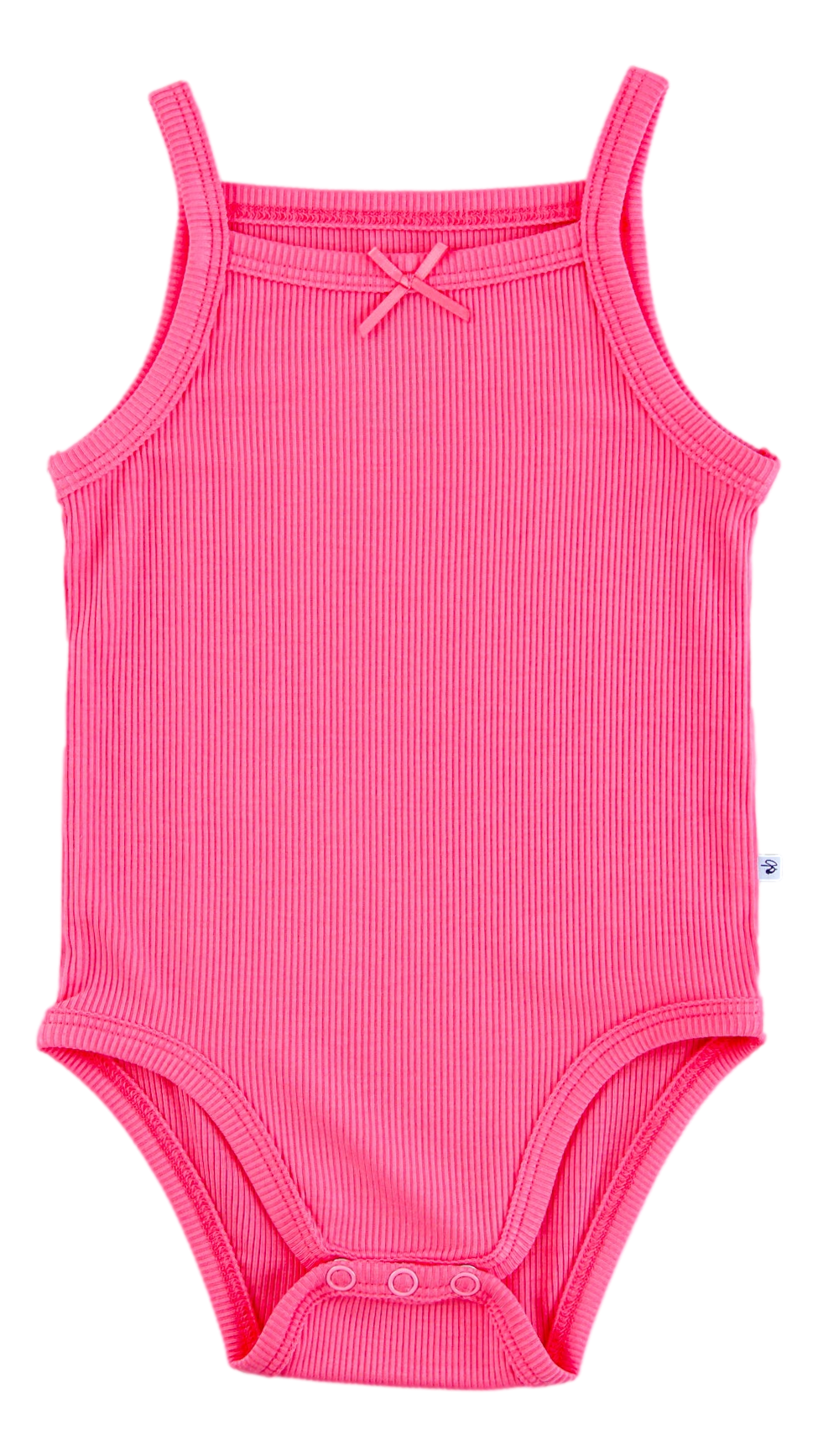 Pink ribbed baby bodysuit with thin straps on a white background