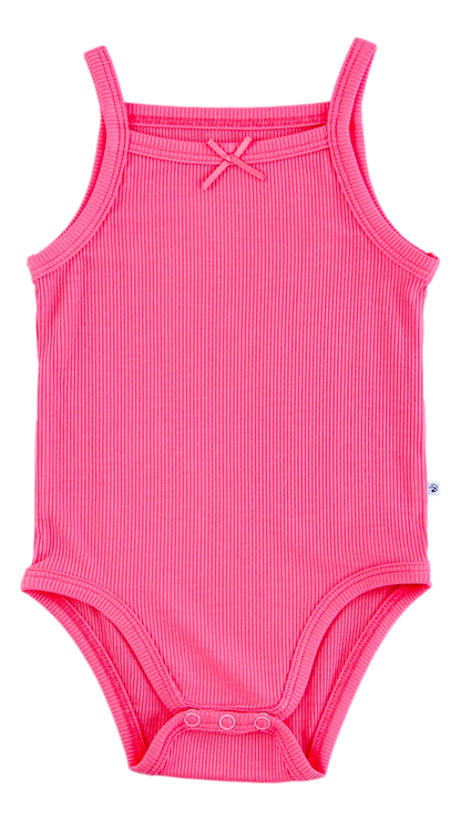 Pink ribbed baby bodysuit with thin straps on a white background
