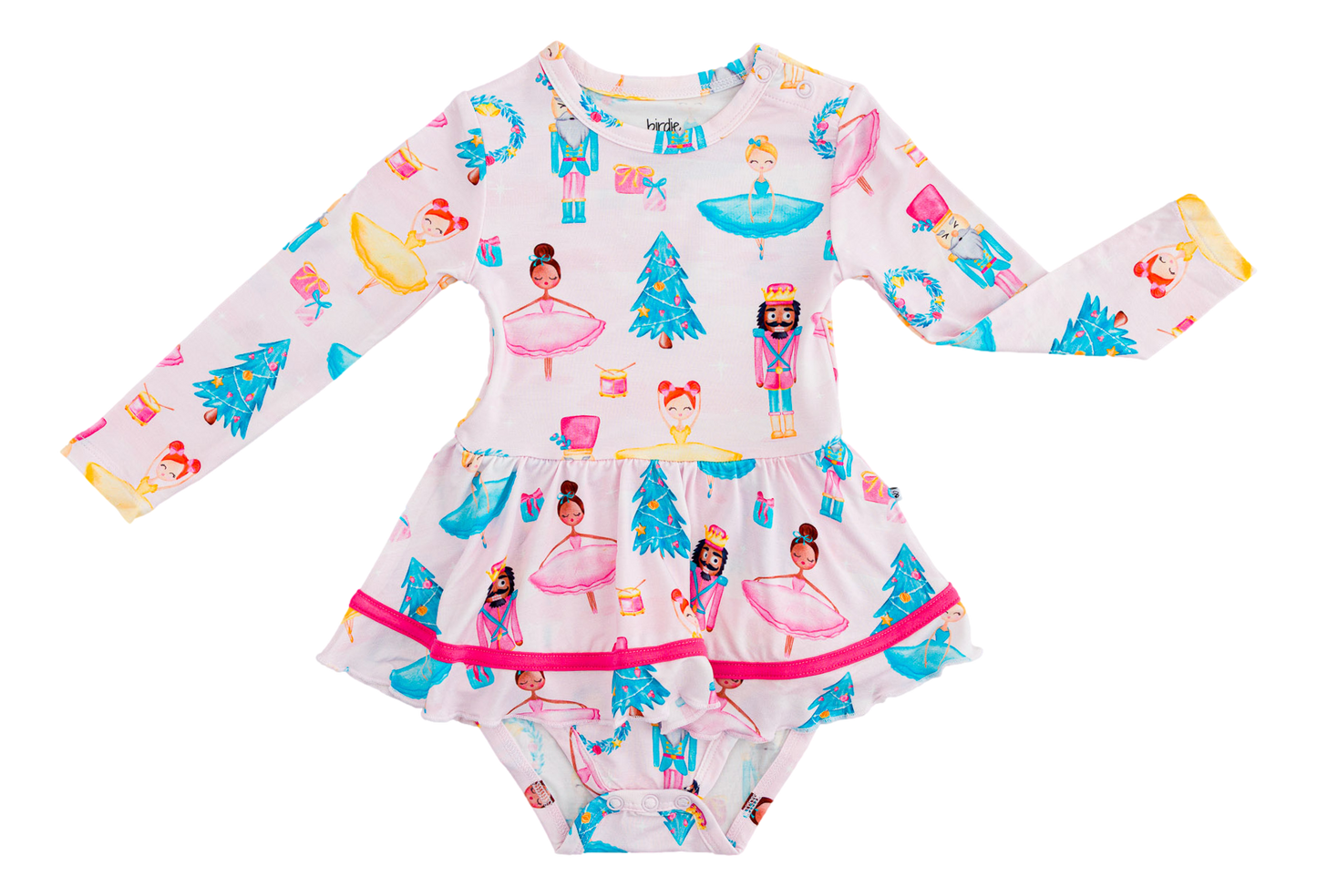 Sugarplum Birdie Twirl baby dress featuring ballerinas, nutcrackers, wreaths, and Christmas trees