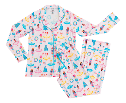 Sugarplum print women’s pajama set with long-sleeve top and lounge pants