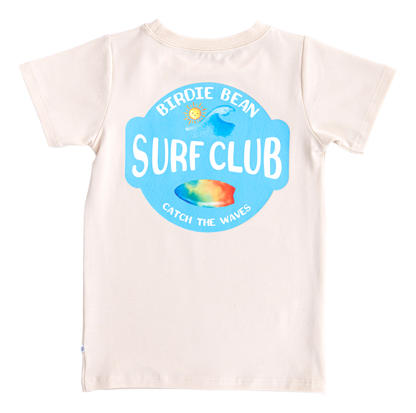Beige t-shirt with 'Birdie Bean Surf Club' logo on a white background