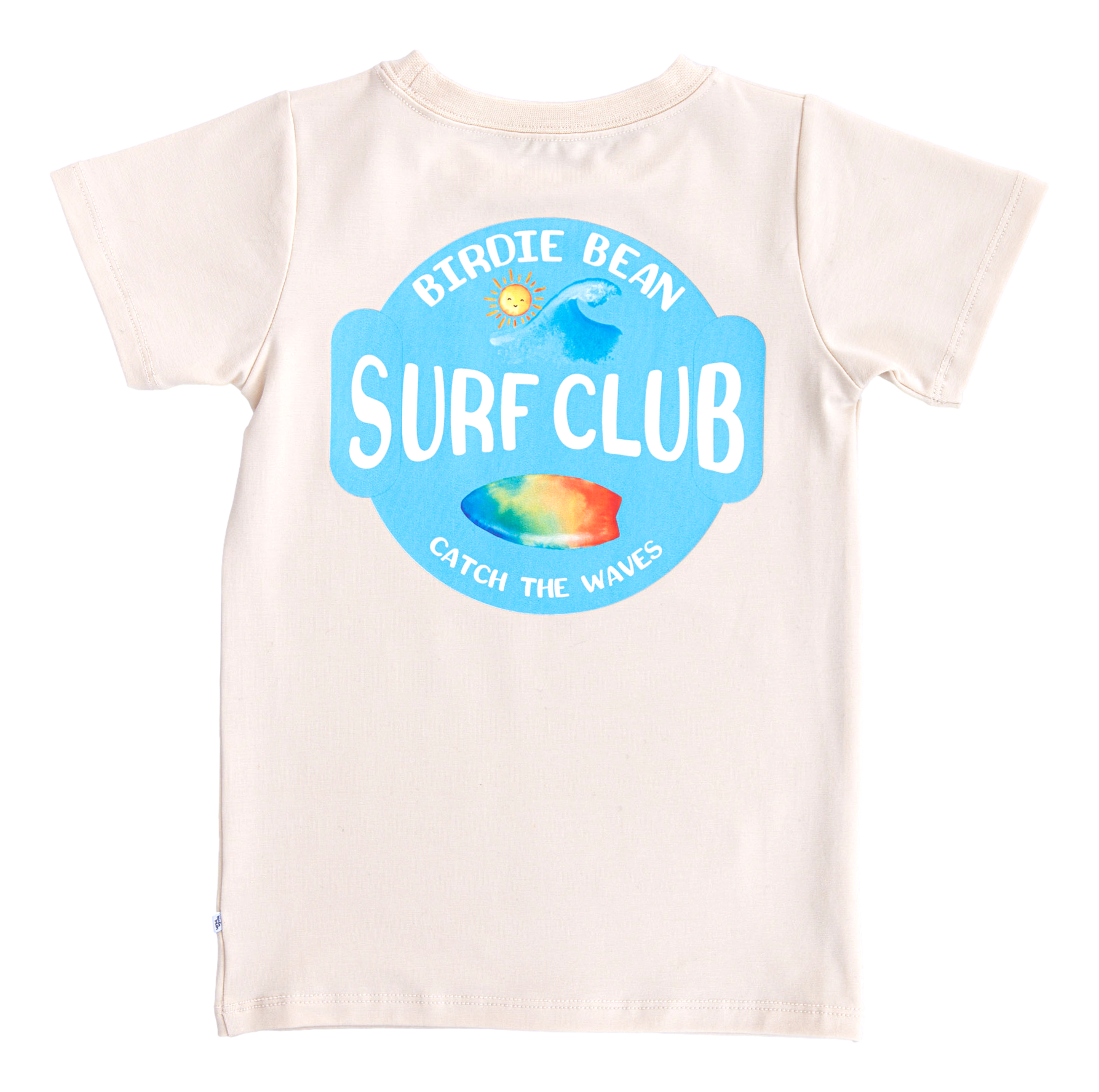 Beige t-shirt with 'Birdie Bean Surf Club' logo on a white background