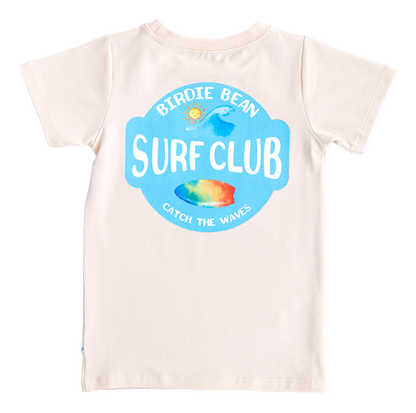 Beige t-shirt with 'Birdie Bean Surf Club' logo on a white background