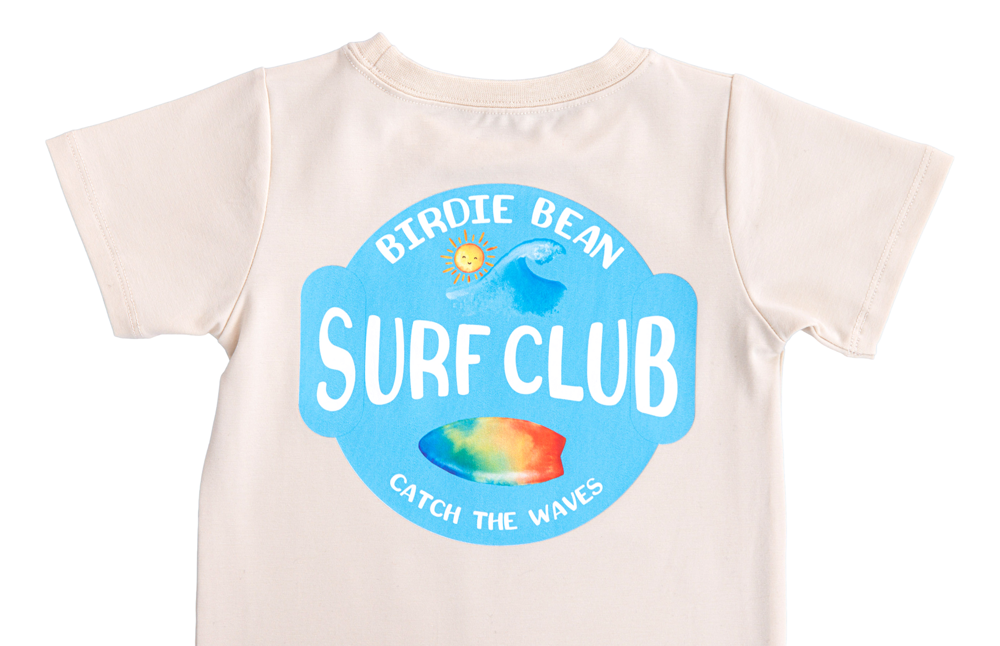 Detail shot of the beach-themed graphic tee made from a bamboo cotton blend