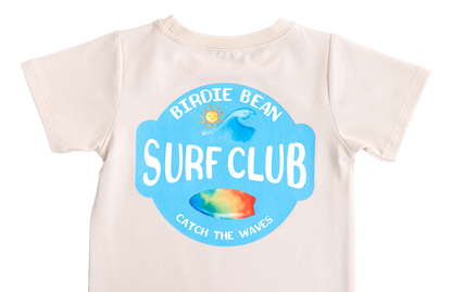 Detail shot of the beach-themed graphic tee made from a bamboo cotton blend