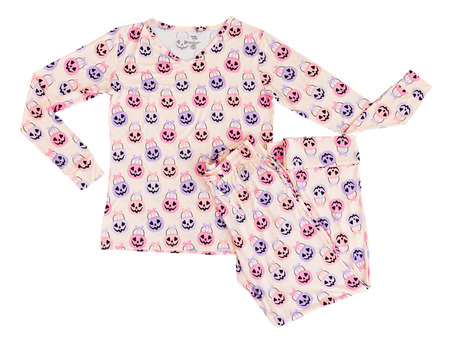 Toddler bamboo outfit with long-sleeve top and pants featuring a colorful Halloween pattern on a white background