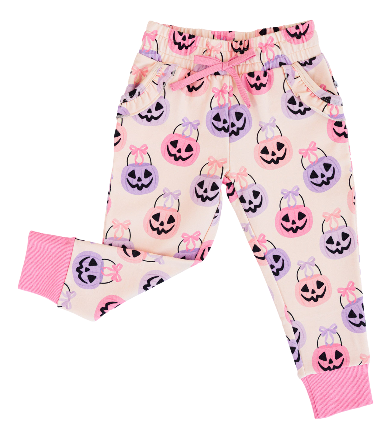 Children's Halloween-themed bamboo jogger pants with pumpkins and bows on a white background