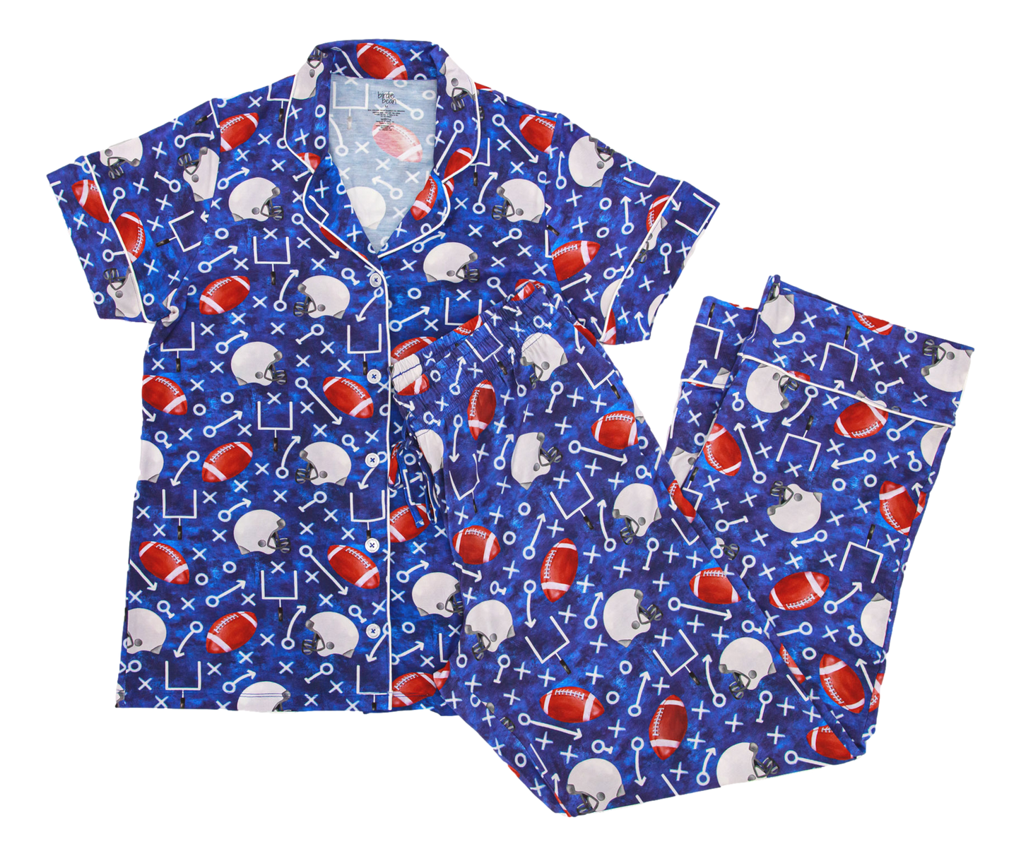 Blue women's bamboo pajama set with sports-themed print 