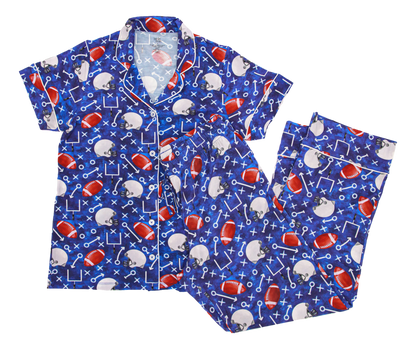 Blue women's bamboo pajama set with sports-themed print 