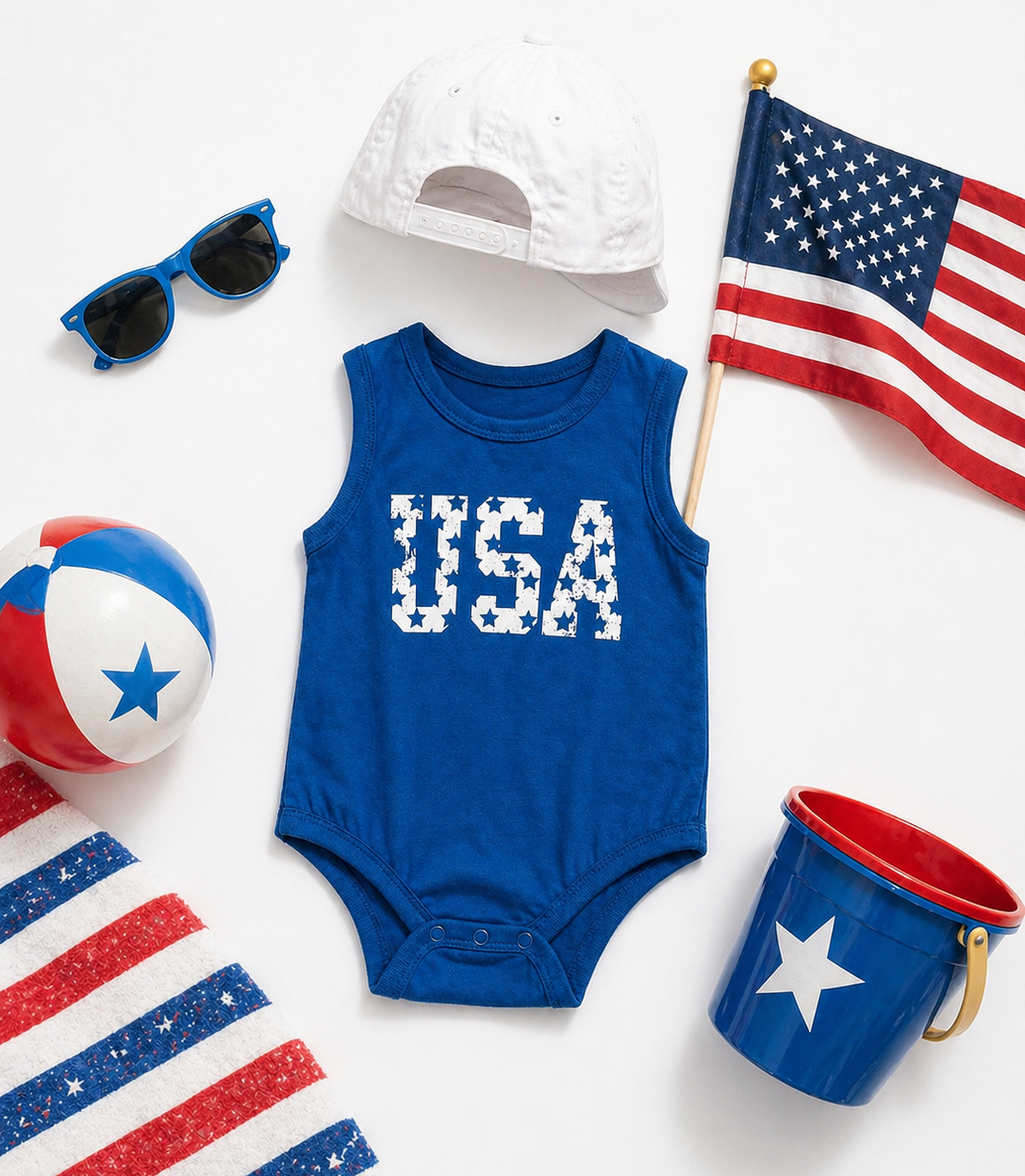 Blue 'USA' bamboo-cotton bubble romper with American flag accessories on a white background