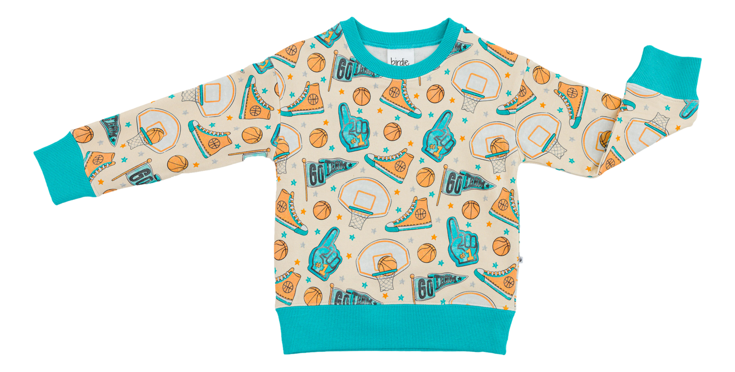 Children's bamboo sweatshirt with sports-themed pattern on a white background
