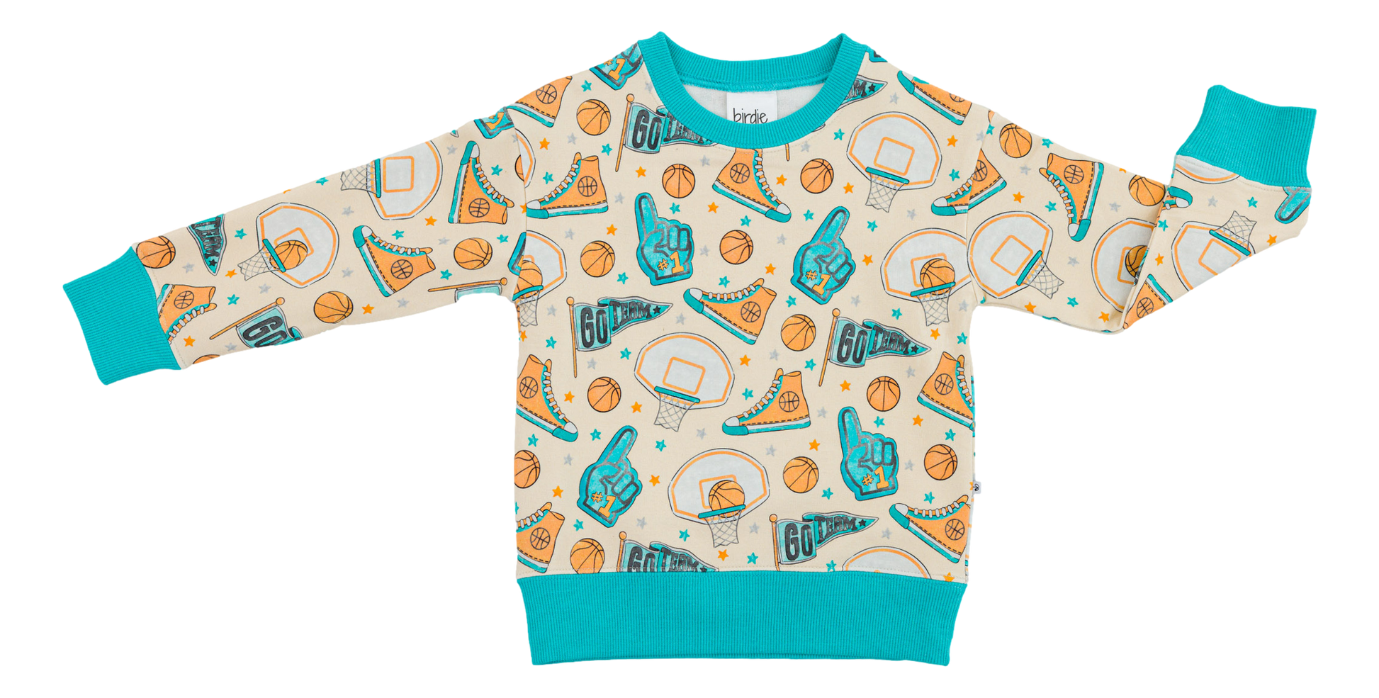 Children's bamboo sweatshirt with sports-themed pattern on a white background