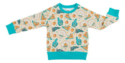 Children's bamboo sweatshirt with sports-themed pattern on a white background