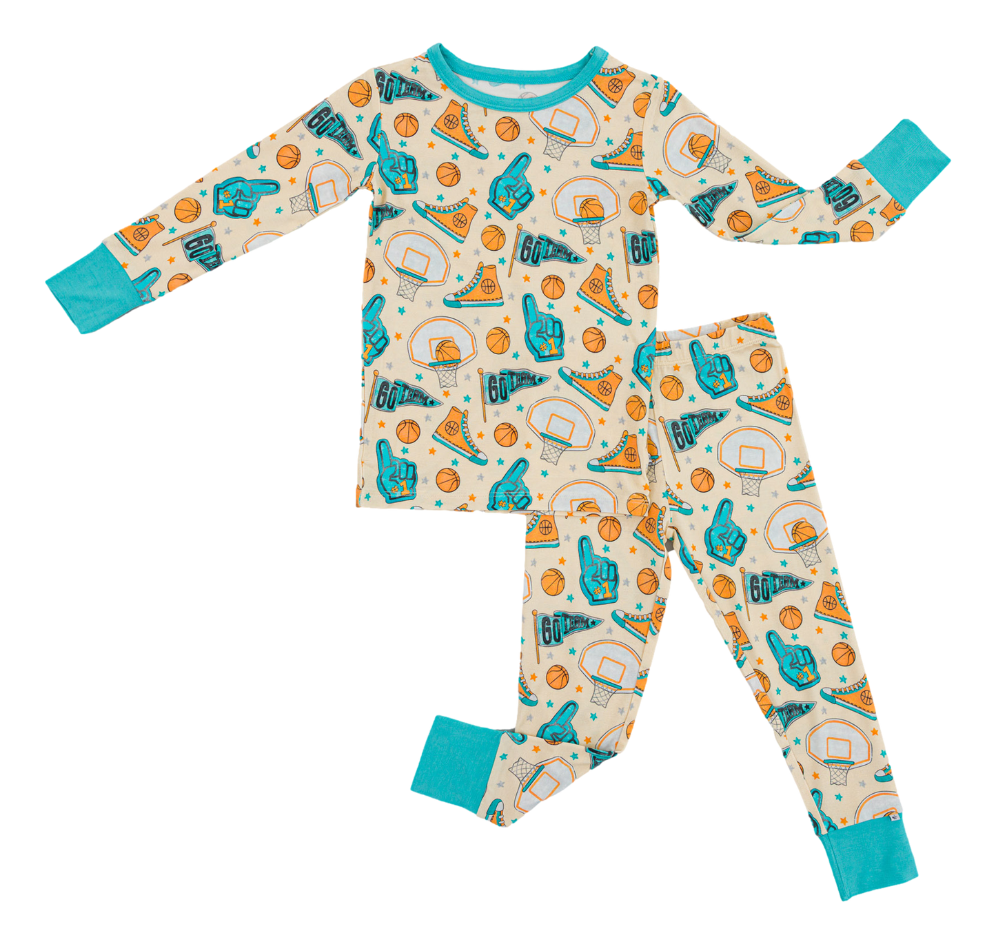 Children's bamboo pajama set with sports-themed pattern on a white background