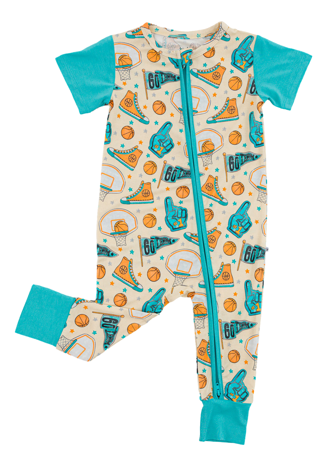 Children's bamboo onesie with sports-themed print on a white background