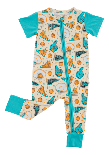 Children's bamboo onesie with sports-themed print on a white background