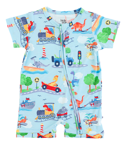 Children's onesie with colorful transportation-themed print on a light blue background