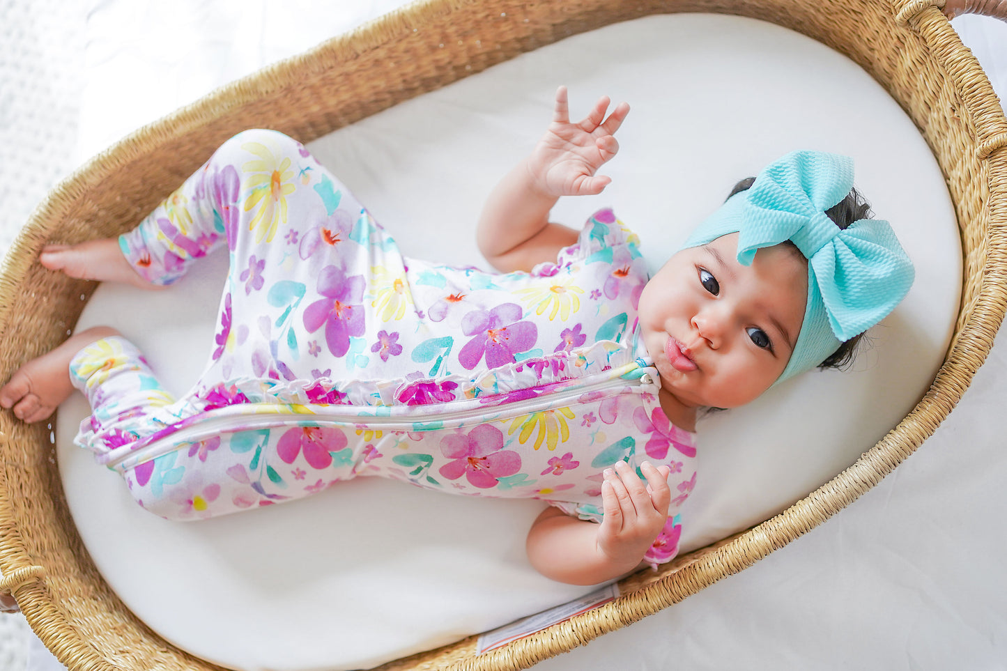 Baby wearing Sky Headwrap with oversized bow