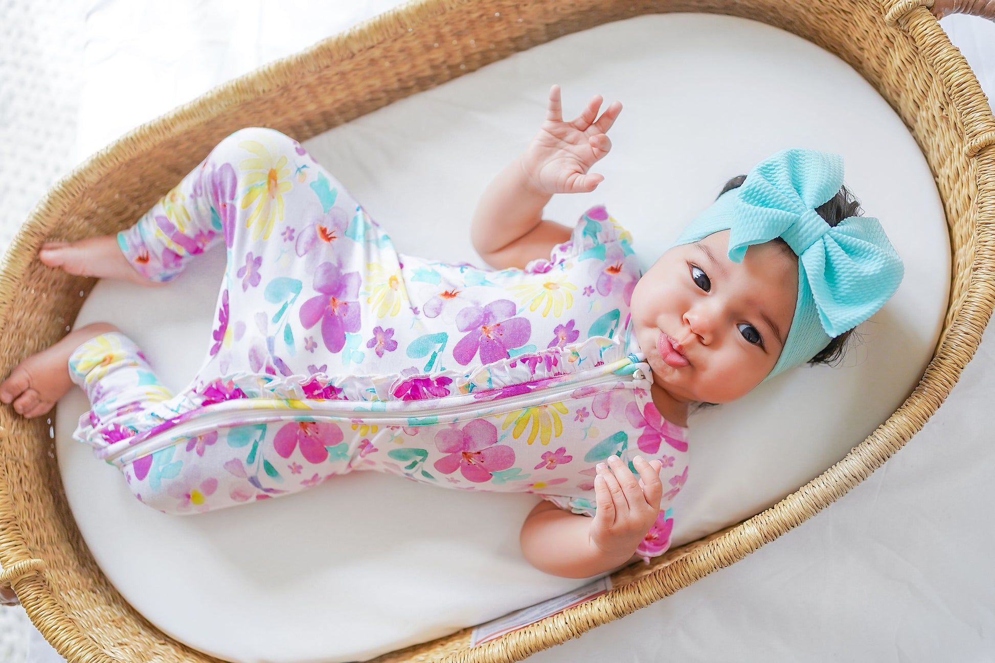 Baby wearing Sky Headwrap with oversized bow
